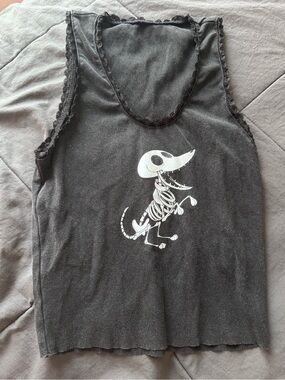 Women’s Black Graphic Ribbed Tank Top with Lace Trim